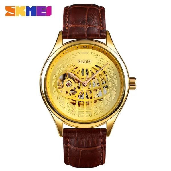 SKMEI 9209 Men's Automatic Hollowing Mechanical Fashion Business Leather Strap Watch - Golden/Brown