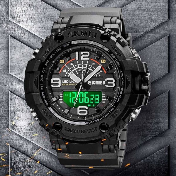 SKMEI 1617 Military 3 Time Big Dial Fashion Sport Digital  Analog Wristwatch For Men - Black - Image 3