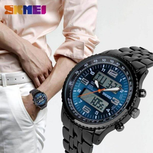 Skmei 1032 LED Dual Display Alarm Chrono Calendar Waterproof Full Stainless Steel Watch For Men - Blue - Image 2