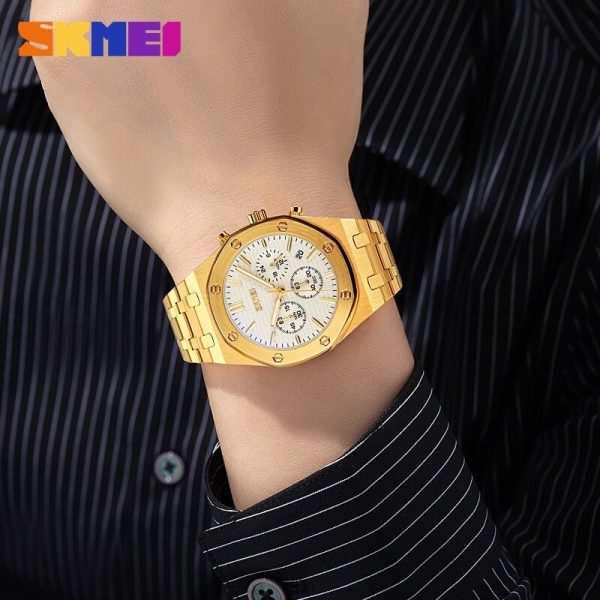 SKMEI 9296 Men's Classic Chronograph Stainless Steel Luminous Date Display Quartz Watch - Golden - Image 2