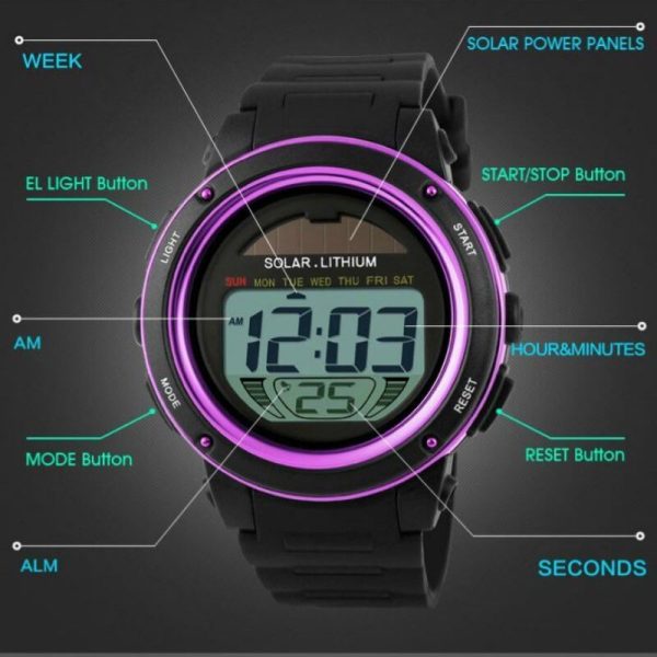 SKMEI 1096 Small Dial Solar Powered Digital Chronograph Sporty Watch - Purple - Image 3