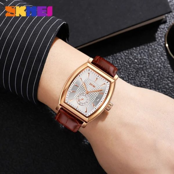 SKMEI 9306 Men's Luxury Business Slim Square Dial With Date Display Leather Strap Watch - Rosegold/Brown - Image 2