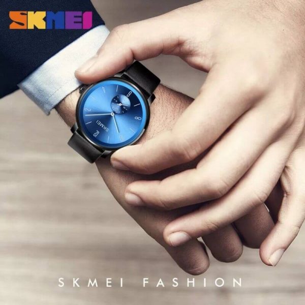 SKMEI 1398 Casual Simple Slim Round Dial Leather Strap Quartz Watch For Men - Blue/Black - Image 2