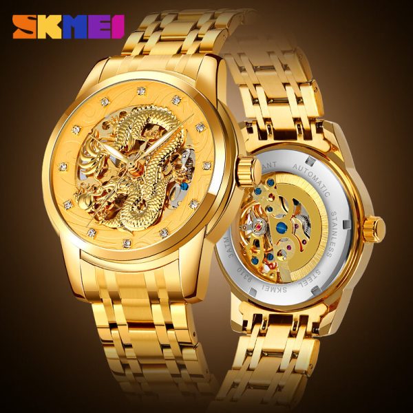 SKMEI 9310 Luxury Business Creative Dragon Dial Design Automatic  Watch For Men - Golden - Image 2