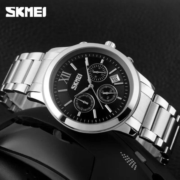 SKMEI 9097 Business Chronograph Stopwatch Date Display Stainless Steel Quartz Wristwatch For Men - Black/Silver - Image 3