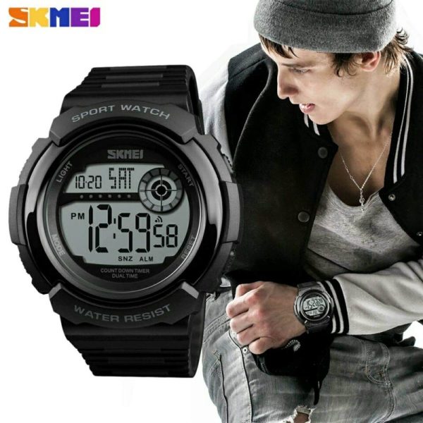 SKMEI 1367 Men's Sports Dual Time Daily Alarm Digital Chronograph Countdown Calendar Waterproof Backlight Watch - Black - Image 3