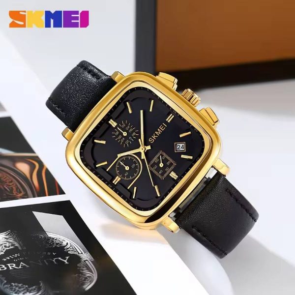 SKMEI 2182 Simple Fashion Square Dial Date Display Leather Watch For Men - Black/Golden - Image 2