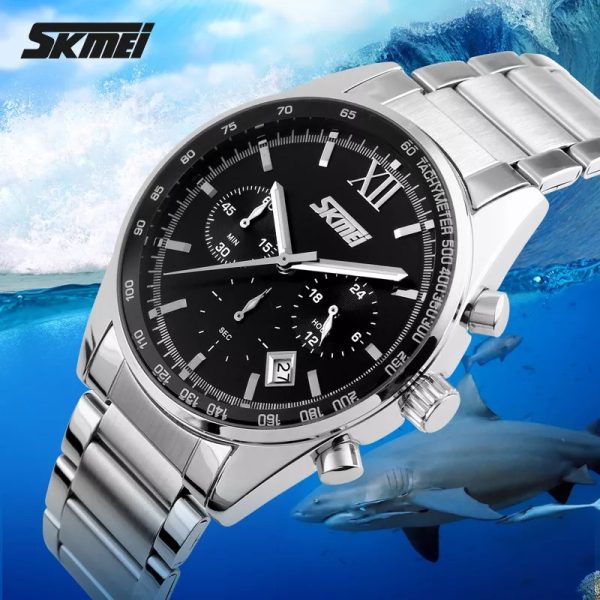 SKMEI 9096 Men's Business Full Stainless Steel Analog Date Display Chronograph Wristwatch - Silver/Black - Image 2