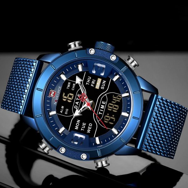 NAVIFORCE NF9153 Multi-Function Stainless Steel Mesh Digital/Analog Watch For Men – Blue - Image 3