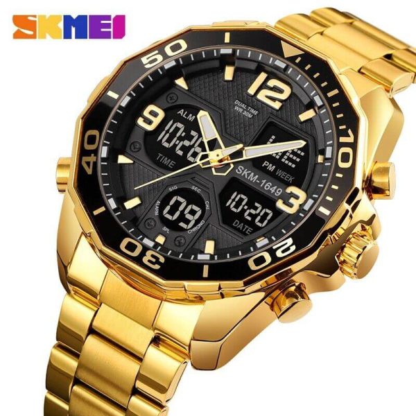 SKMEI 1649 Men's LED Light Digital Analog Day Date Function Stainless Steel Watch - Golden