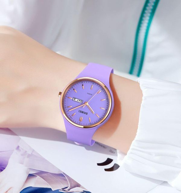 SKMEI 1747 Women's Top Luxury Round Dial Date Day Display Silicon Strap Quartz Moment Watch - Purple - Image 2