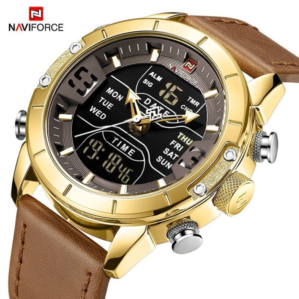 NaviForce NF9153 Double Time MultiFunction Watch with Leather Strap - Golden