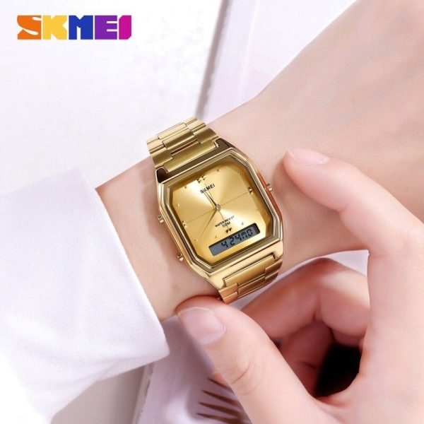 SKMEI 1612 Casual Digital Analog Slim Dial Stainless Steel Watch For Men - Golden - Image 2