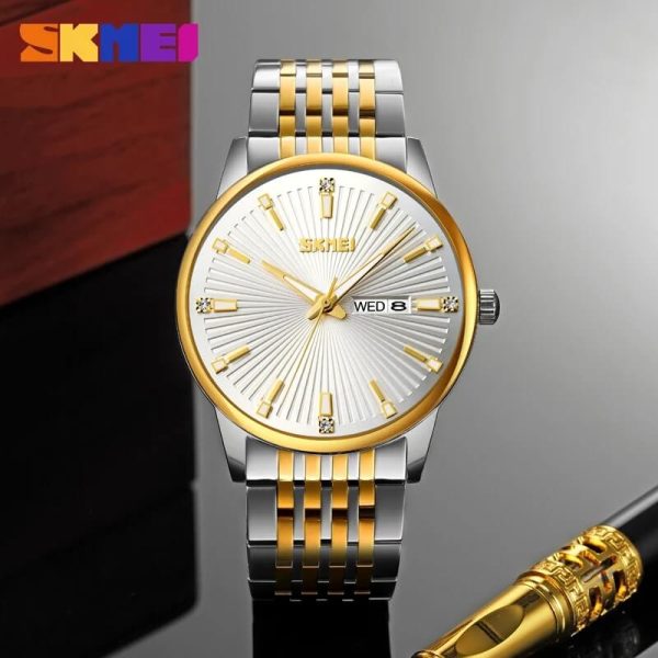 SKMEI 9323 Men's Texture With Fashion Day Date Display Quartz Stainless Steel Watch - Silver/Golden - Image 3