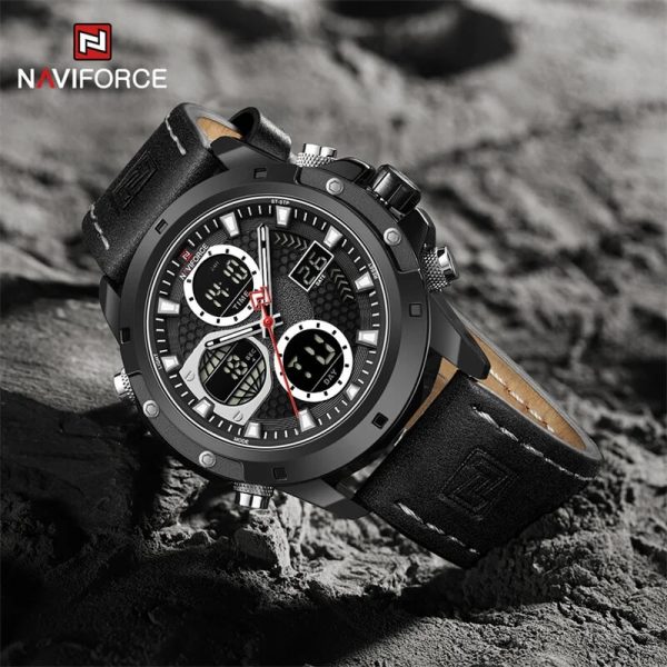 NaviForce NF9225 Men's Fashion Double Display Multifunction Luminous Leather Strap Watch - Black/White - Image 2