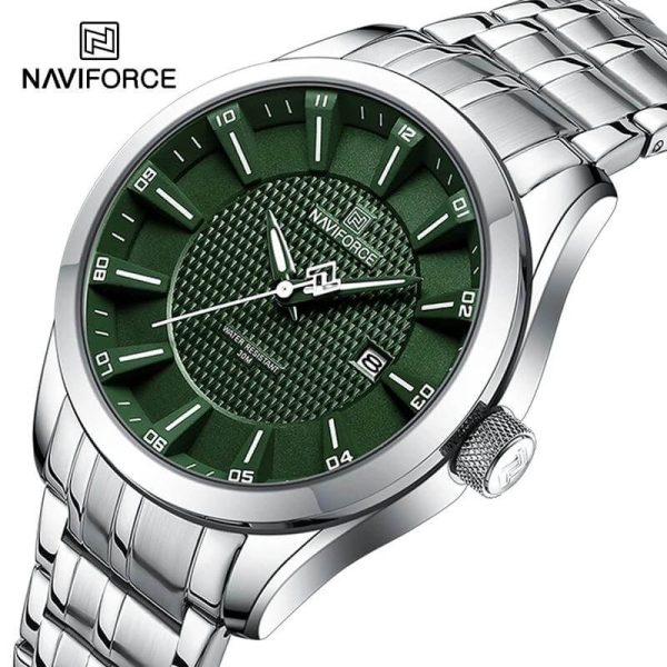 NaviForce NF8032 Men's Simple Casual Textured Bezel Layered Dial Stainless Steel Watch - Green/Silver