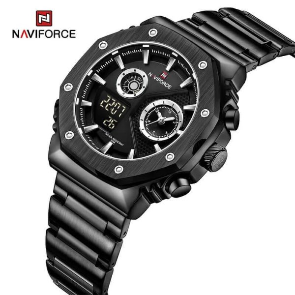 NAVIFORCE NF9216 Fashion Geometric Bezel LCD Digital Analog Stainless Steel Watch For Men - Black