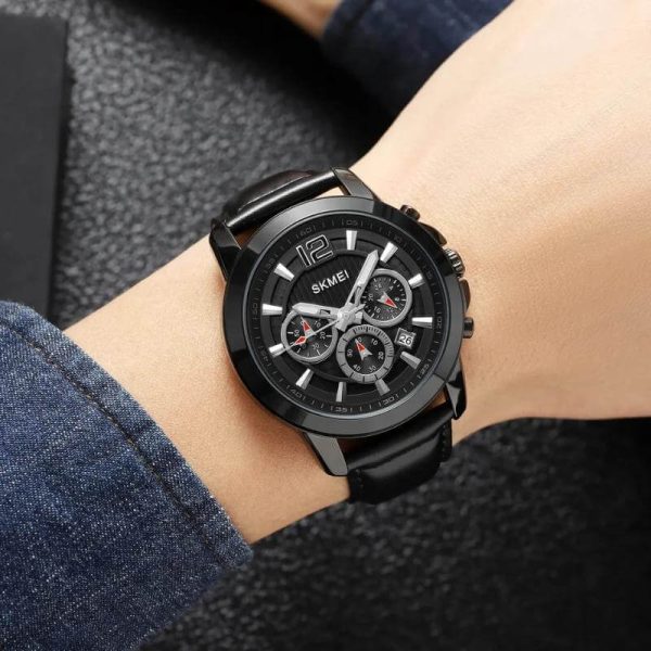 SKMEI 1989 Men's Business Chronograph Date Display Leather Strap Casual Quartz Watch - Black - Image 2