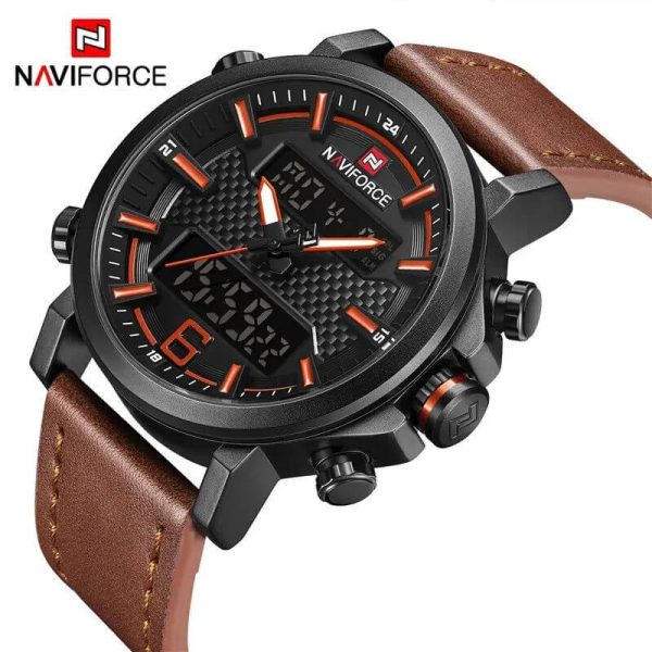 NaviForce NF9135 Digital Analog Dual Movement Watch for Men - Orange/Brown