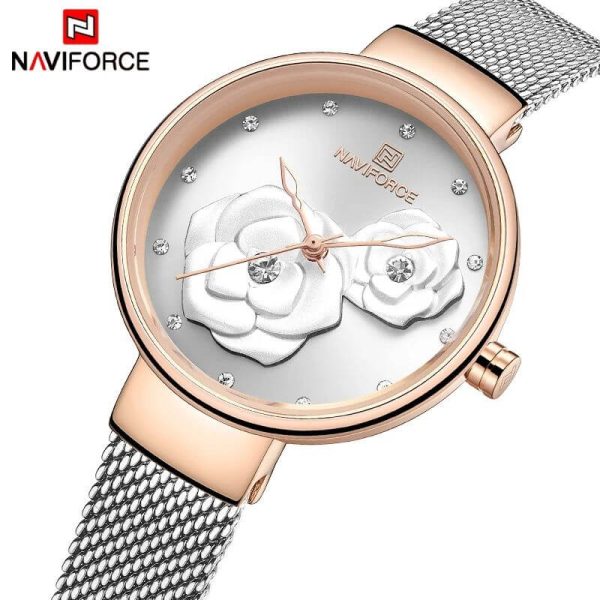 NAVIFORCE NF5013 Simple Luxury Stainless Steel Mesh Quartz Watch For Women - White/Rosegold