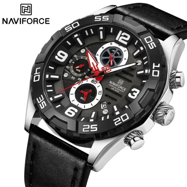 NaviForce NF8043 Fashion Chronograph Multifunction Date Display Leather Strap Watch For Men - Black/silver