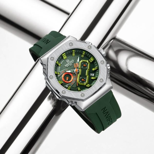 NaviForce NF8035 Men's Fashion Chronograph Date Display Silicone Strap Watch - Green/Silver - Image 2