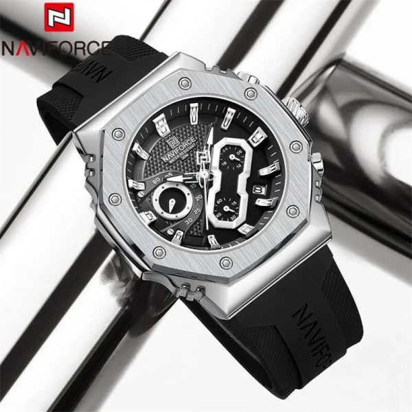 NaviForce NF8035 Men's Fashion Chronograph Date Display Silicone Strap Watch - Black/Silver - Image 2