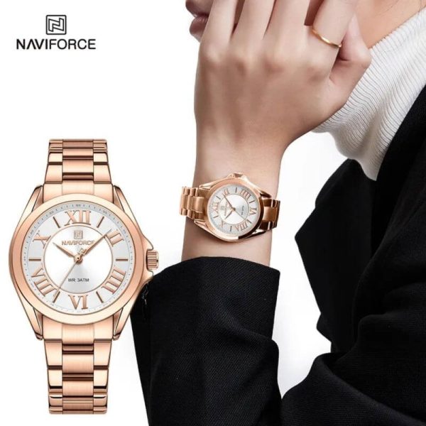 NaviForce NF5037 Women's Luxury Elegant Simple Roman Numeral Index Stainless Steel Watch - RoseGold/White - Image 2