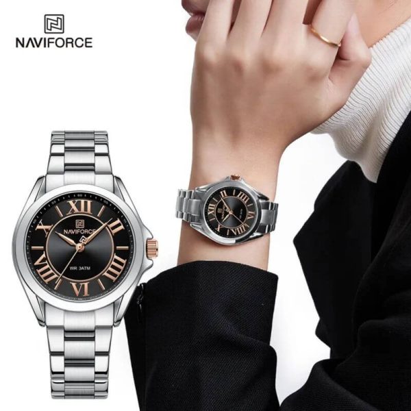 NaviForce NF5037 Women's Luxury Elegant Simple Roman Numeral Index Stainless Steel Watch - Silver/Black - Image 2