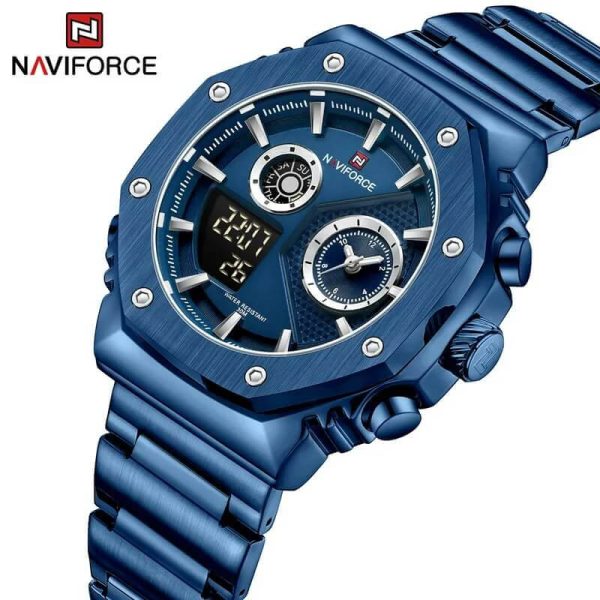 NAVIFORCE NF9216 Fashion Geometric Bezel LCD Digital Analog Stainless Steel Watch For Men - Dark Blue