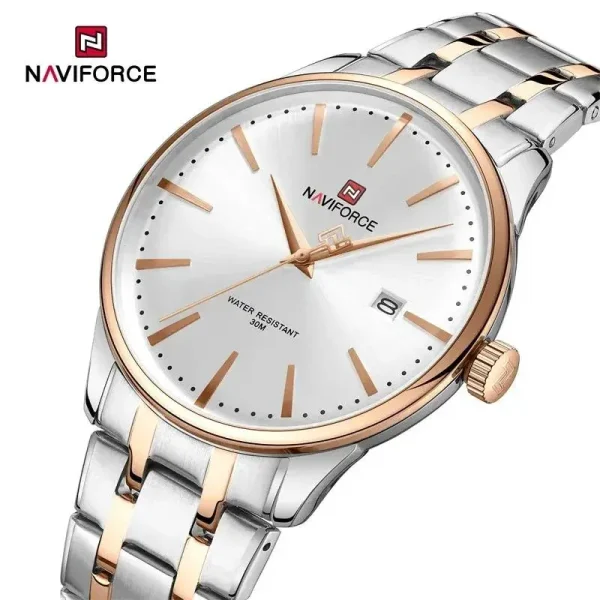 NaviForce NF9230 Men's Business Classic Stainless Steel Date Display Watch - White/Rosegold