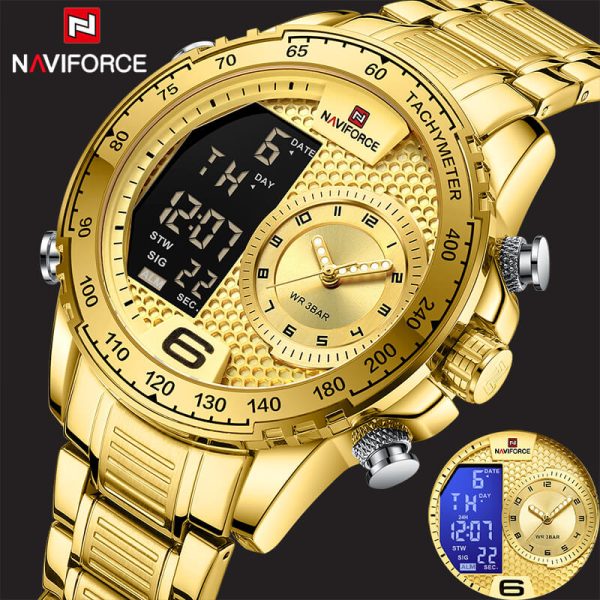 NAVIFORCE NF9199 Double Display LCD Chronograph Stainless Steel Wristwatch For Men - Golden - Image 3