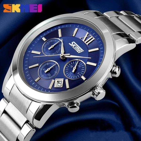 SKMEI 9097 Business Chronograph Stopwatch Date Display Stainless Steel Quartz Wristwatch For Men - Blue/Silver