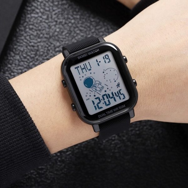 SKMEI 1971 Fashion Astronaut Creative Design Electronic Square Silicone Strap Digital Watch For Men - Black - Image 5