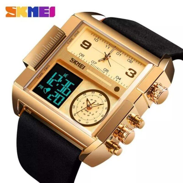 SKMEI 1584 Men's Multifunction Square Dial Digital Analog LED Chronograph Leather Strap Wristwatch - Golden/Black