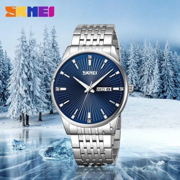 SKMEI 9323 Men's Texture With Fashion Day Date Display Quartz Stainless Steel Watch - Blue/Silver - Image 3