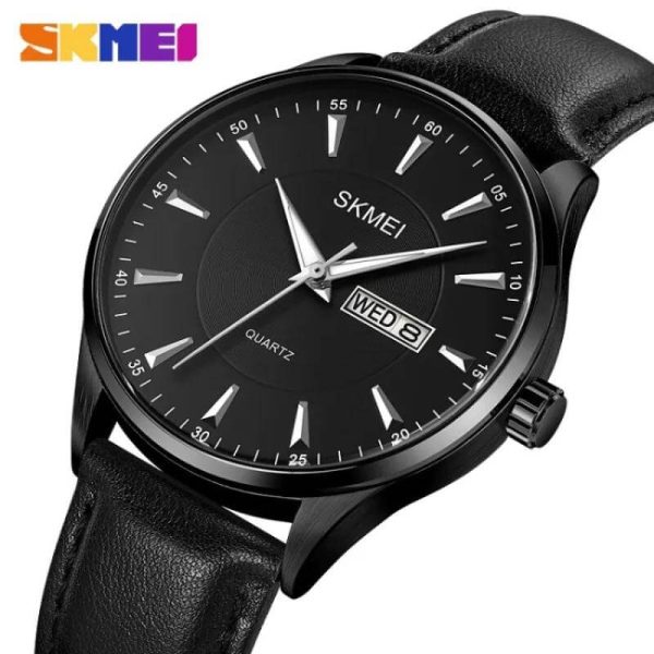 SKMEI 2075 Simple Elegant Quartz Date Day Display Leather Strap Watch For Men - Black