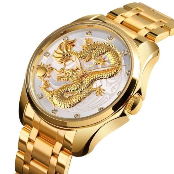 Millenium Dragon Quartz Luxury Stainless Steel Alloy Business Waterproof Wristwatches For Men - White/Golden