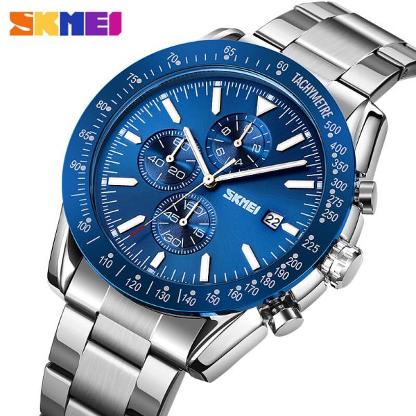 SKMEI 9253 Men's Top Luxury Chronograph Multifunction Stainless Steel Quartz Movement Watch - Silver/Blue