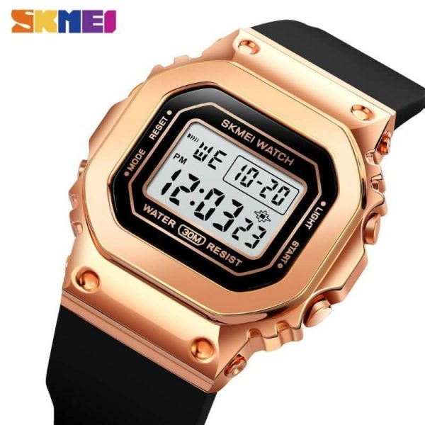 SKMEI 1796 Fashion Digital LED Light Display Multifunction Unisex Rectangle Dial Shape Watch - RoseGold/Black