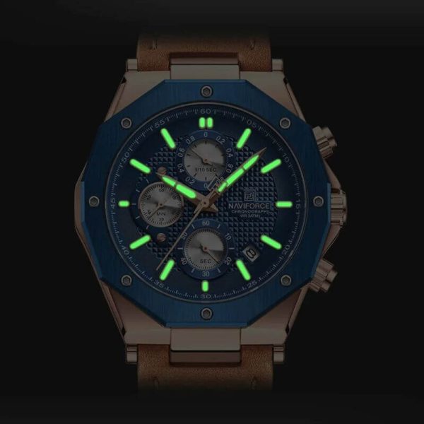 NaviForce NF8028 Men's Hexagon Dial Chronograph Complete Calendar Luminous Leather Strap Watch - Blue/Orange - Image 3