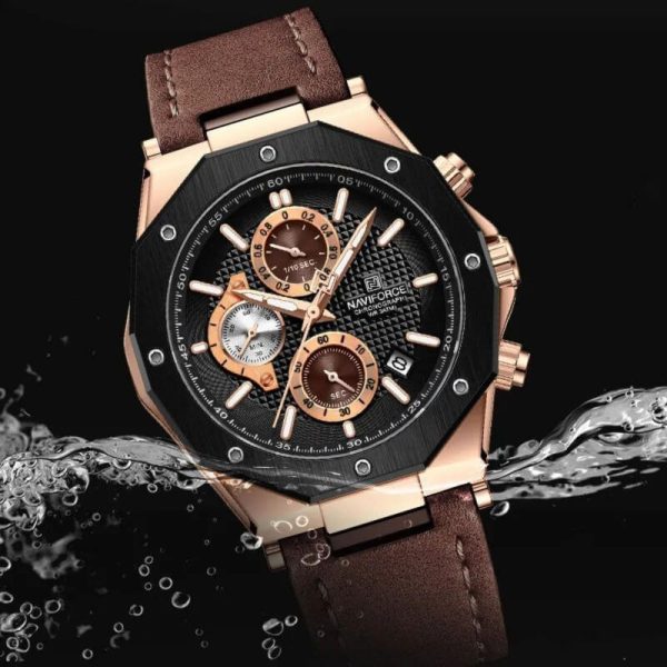 NaviForce NF8028 Men's Hexagon Dial Chronograph Complete Calendar Luminous Leather Strap Watch - Brown - Image 2