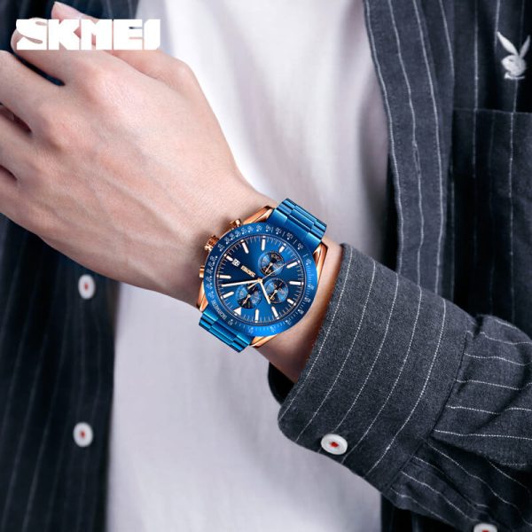 SKMEI 9253 Men's Top Luxury Chronograph Multifunction Stainless Steel Quartz Movement Watch - RoseGold/Blue - Image 2