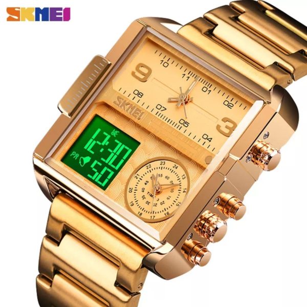 SKMEI 1584 Men's Multifunction Square Dial Digital Analog LED Chronograph Stainless Steel Wristwatch - Golden