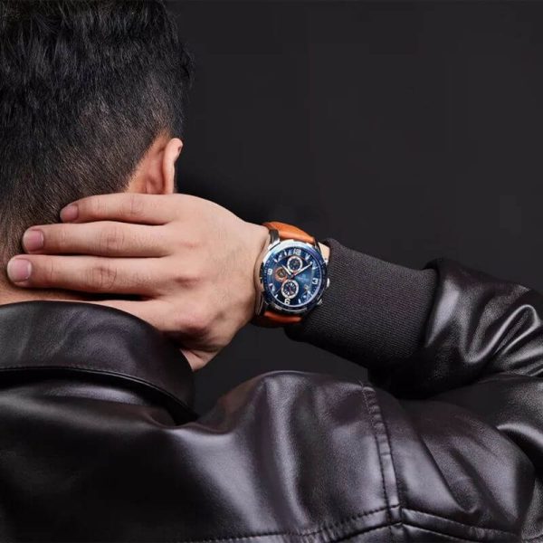 NaviForce NF8020 Fashion Multifunction Chronograph Date Display Leather Strap Wristwatch For Men - Blue/Orange - Image 2