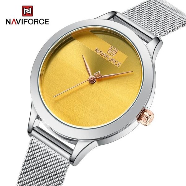 NaviForce NF5027 Simple Casual Round Mesh Stainless Steel Quartz Watch For Women - Yellow/Silver