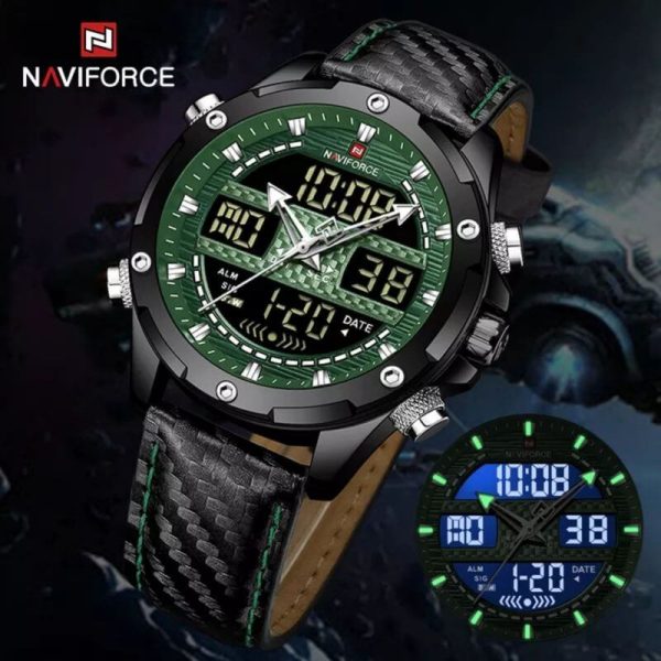 NaviForce NF9194 Multifunction Digital Analog LCD Leather Strap Complete Calendar Wristwatch For Men - Green - Image 3