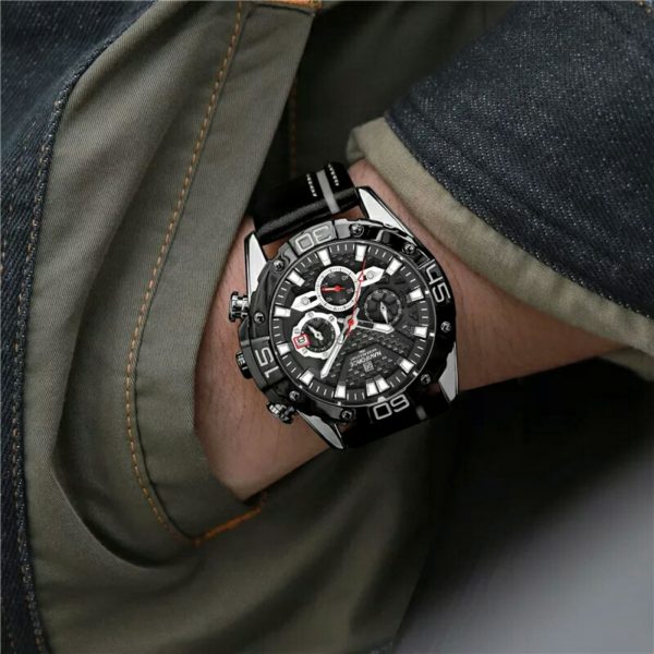 NAVIFORCE NF8019 Men's Multifunction Luminous Chronograph Leather Strap Quartz Watch - Black - Image 3