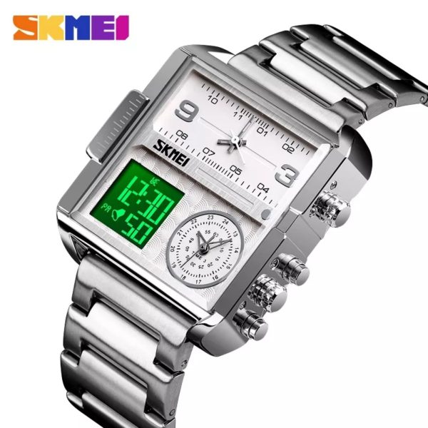 SKMEI 1584 Men's Multifunction Square Dial Digital Analog LED Chronograph Stainless Steel Wristwatch - Silver