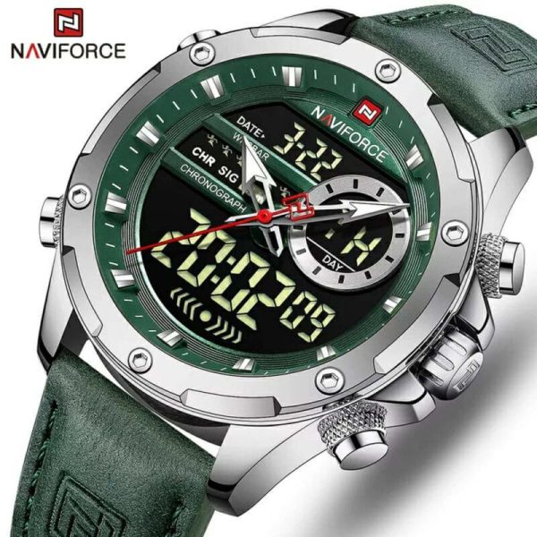 NaviForce NF9208 Men's Dual Display LCD Leather Strap Complete Calendar Wristwatch - Silver/Green